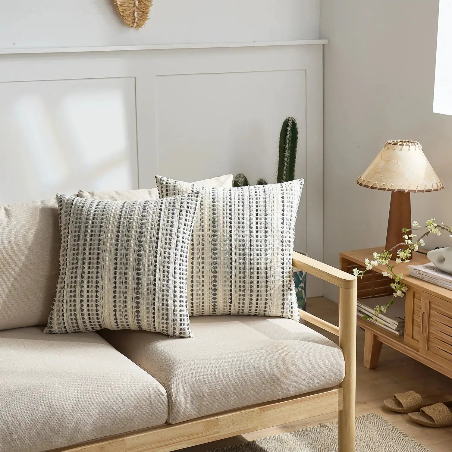 Boho Dots Jacquard Cushion Cover 45x45cm with zipper, grey, orange, ivory and blue by Simples Market on beige sofa