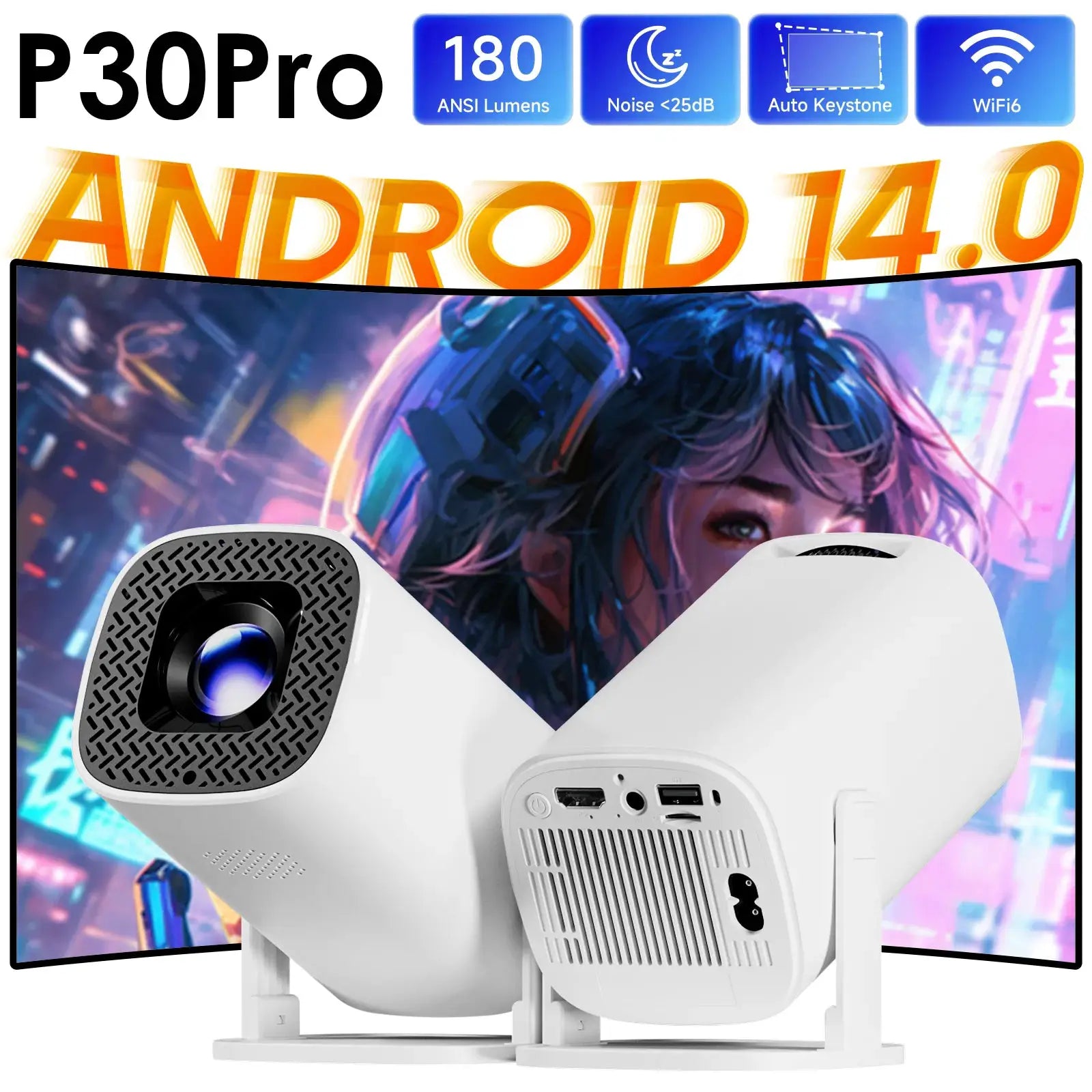 P30PRO Android 14 Smart Mini Projector WiFi 6 Bluetooth 5.0 4K Support