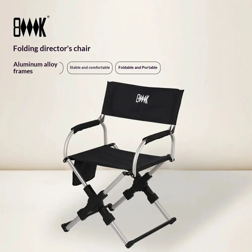 Simples Market folding director chair with aluminum alloy frame and black fabric seat and back.