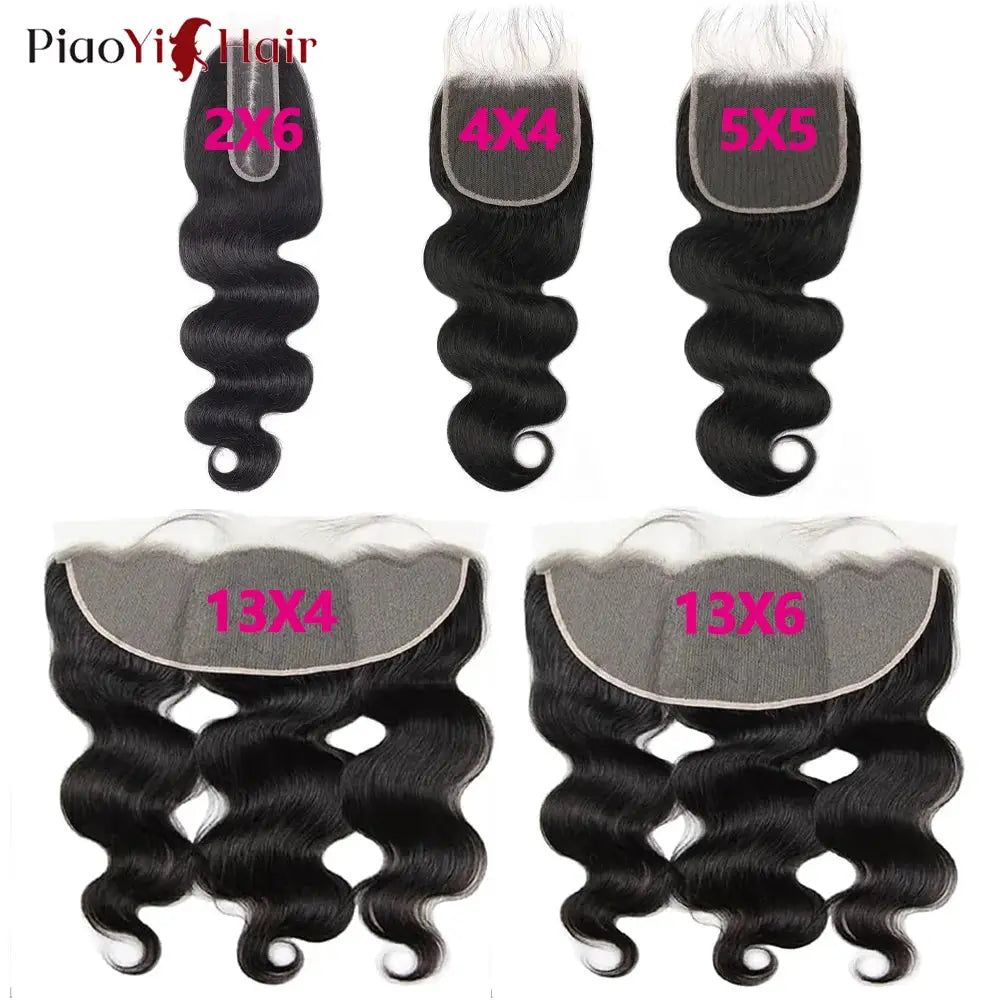 PiaoYi Hair body wave Brazilian human hair five-piece set with 13x6 and 13x4 HD lace frontals plus 4x4, 5x5, and 2x6 closures in black