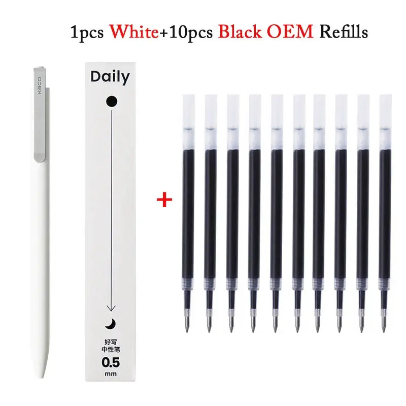 KACO Gel Pen set in white with metal clip; includes 10 black 0.5mm refills, Simples Market