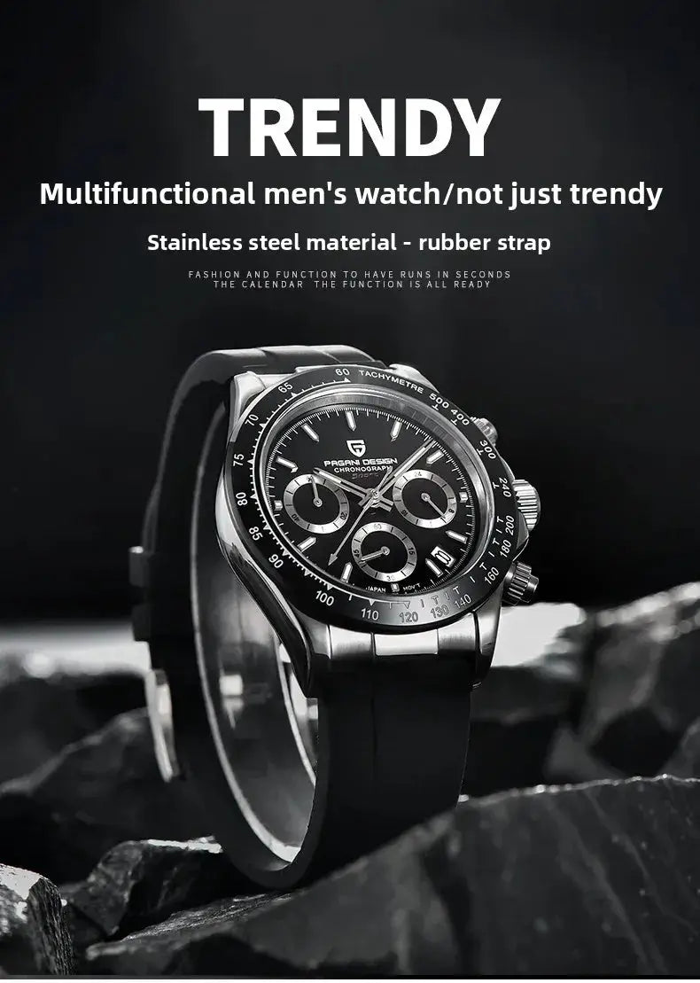 Pagani Design men's chronograph watch with black dial, 40mm stainless steel case and black rubber strap