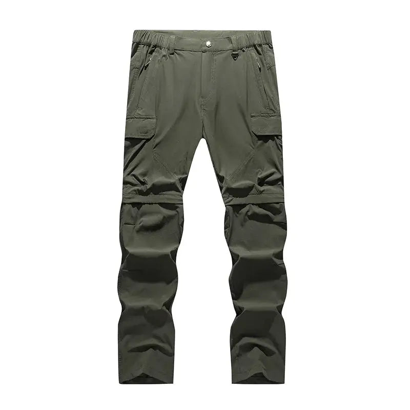 Men's olive green cargo hiking pants with multiple pockets and belt loops