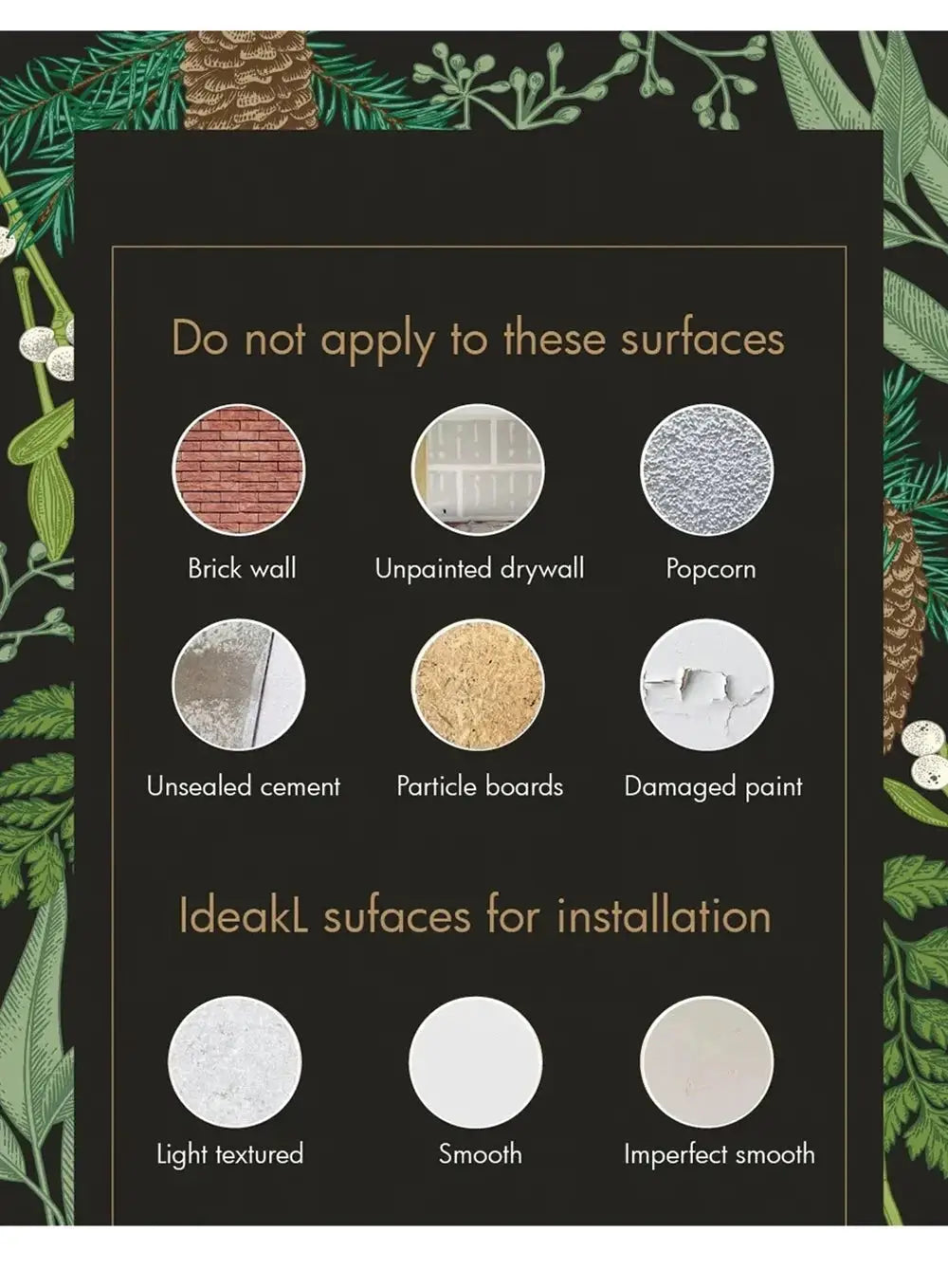 Simples Market 10Pcs abstract matte wall tile stickers; self-adhesive vinyl backing; shows unsuitable vs suitable surfaces.