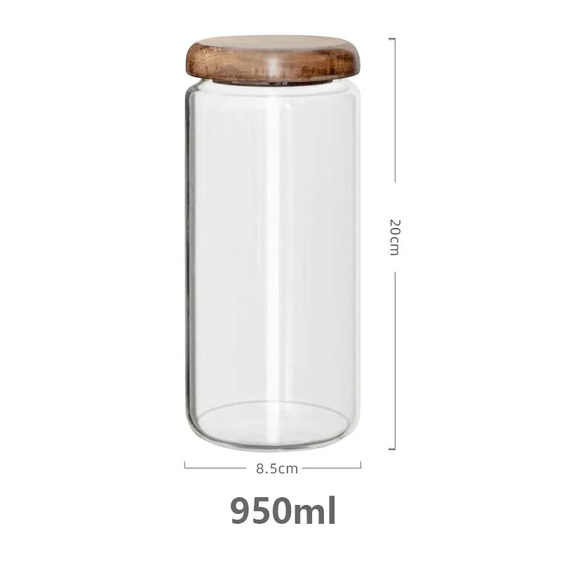 KEMORELA Transparent Glass Storage Jar With Acacia Wood Lid Round Tea Jar For Dried Fruit Snacks Kitchen Organization