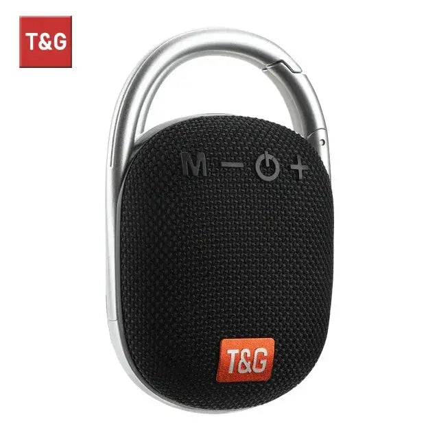 TG321 outdoor portable waterproof Bluetooth speaker, black fabric with silver frame and carabiner, Simples Market