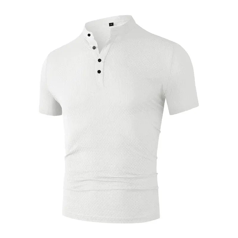 Men's white short-sleeve polo shirt with textured fabric and button placket.