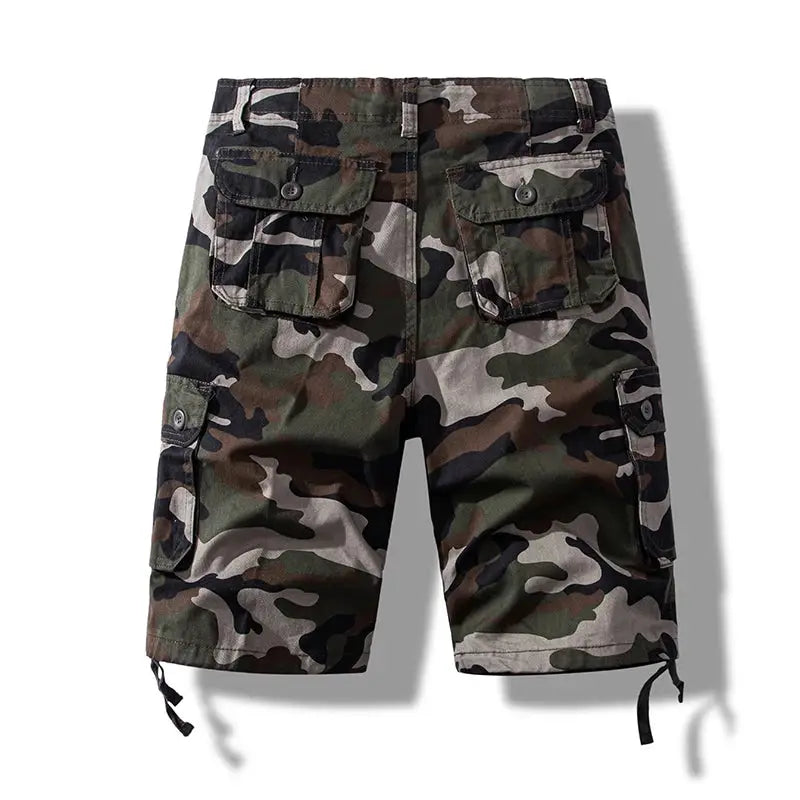 Men's cotton camouflage cargo shorts by Simples Market with multiple pockets and drawstring hems