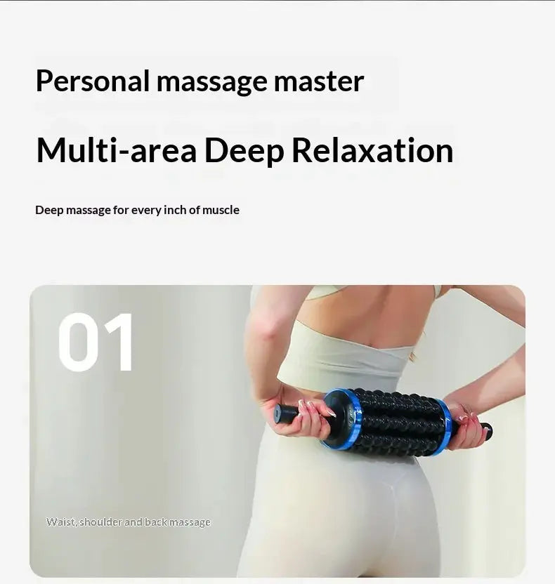 Simples Market rechargeable handheld massager with 72 massage points; black roller with blue ends for back and legs.