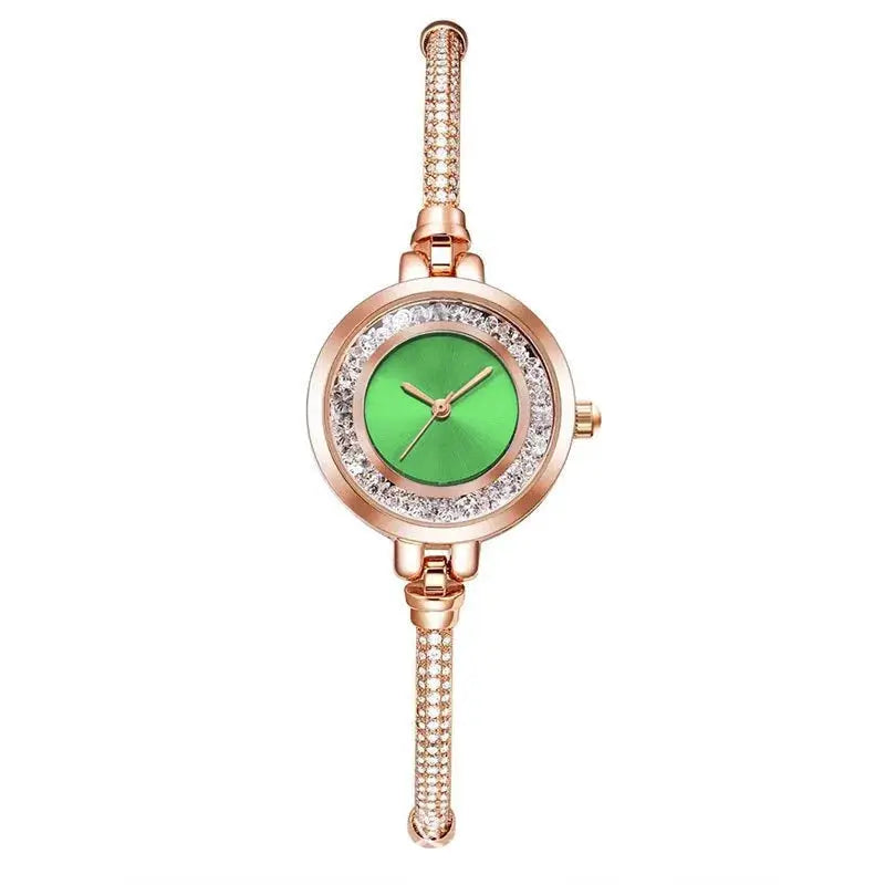 Simples Market women's rose gold-tone steel bracelet wristwatch with green dial and crystal-studded bezel