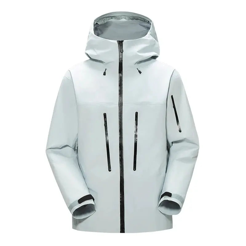 Men's light gray windproof hooded jacket with two vertical chest zip pockets and drawcord hood