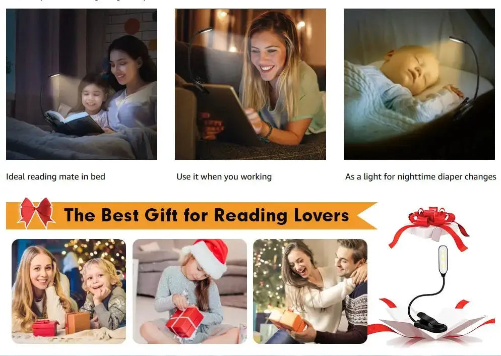 LED book light USB rechargeable reading lamp with clip-on flexible neck; 3 brightness levels: warm, cool, daylight.