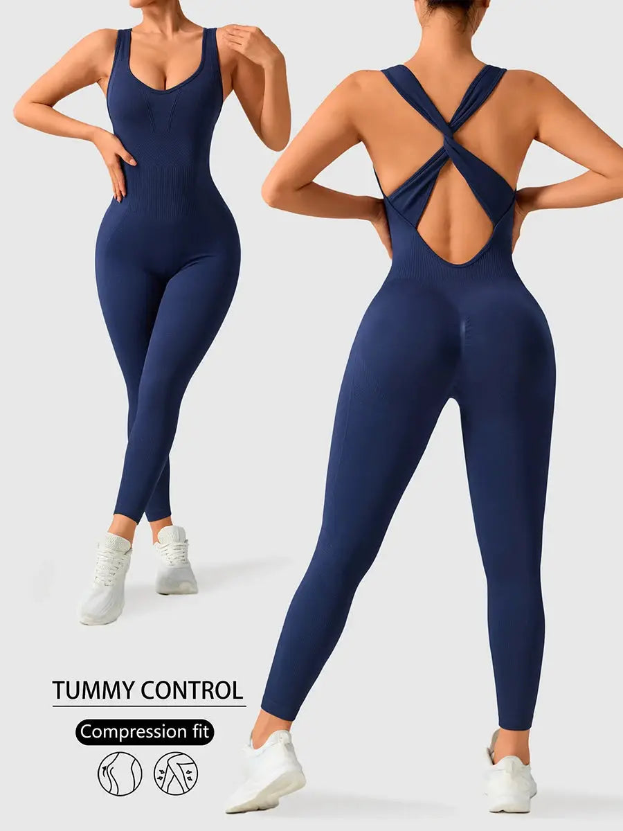 Simples Market navy blue women's seamless gym bodysuit with crisscross back and compression fit tummy control