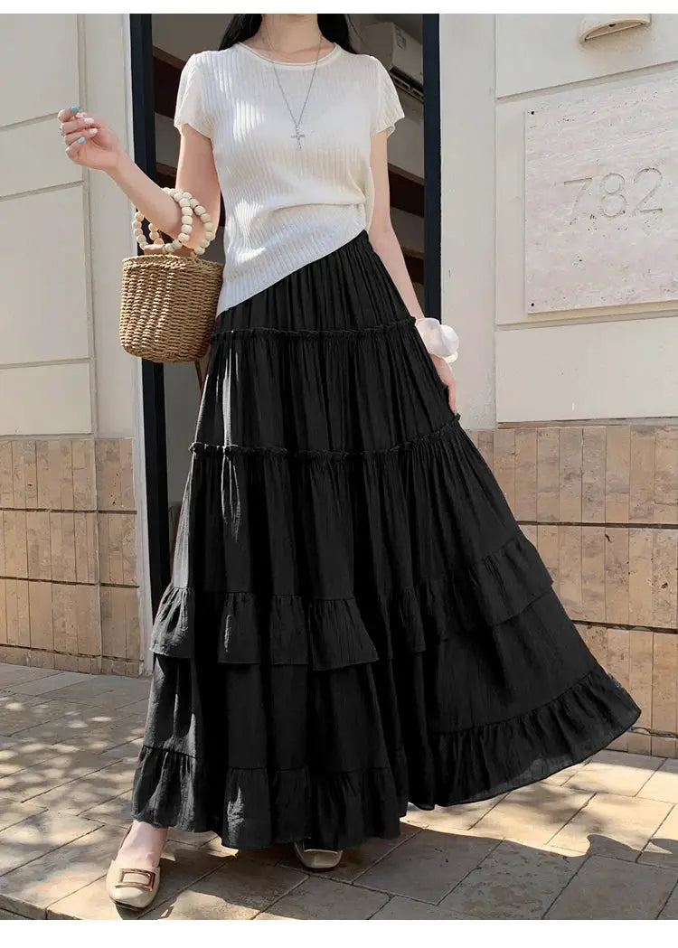 Tiered black maxi skirt with layered ruffles, high-waist, flowy A-line silhouette