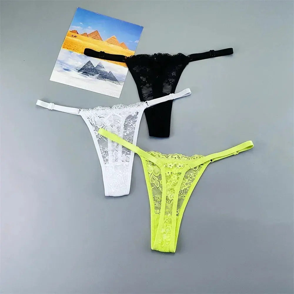 Lace thong underwear 3-piece set in black, white, and neon yellow with adjustable straps