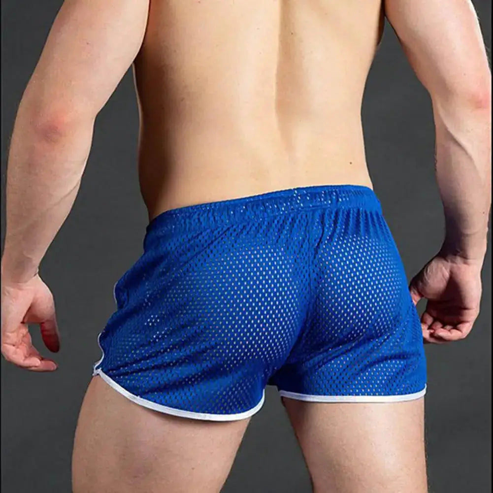 Blue hollow-mesh men's sport shorts with white trim, elastic waist and drawstring