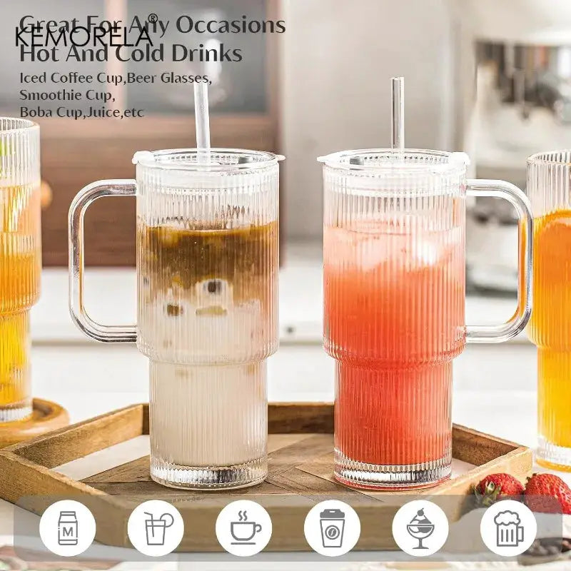 760ML Ribbed Glass Tumbler With Handle Lid For Cold And Hot Beverages Large Iced Coffee Cups With Straws Glass Mug