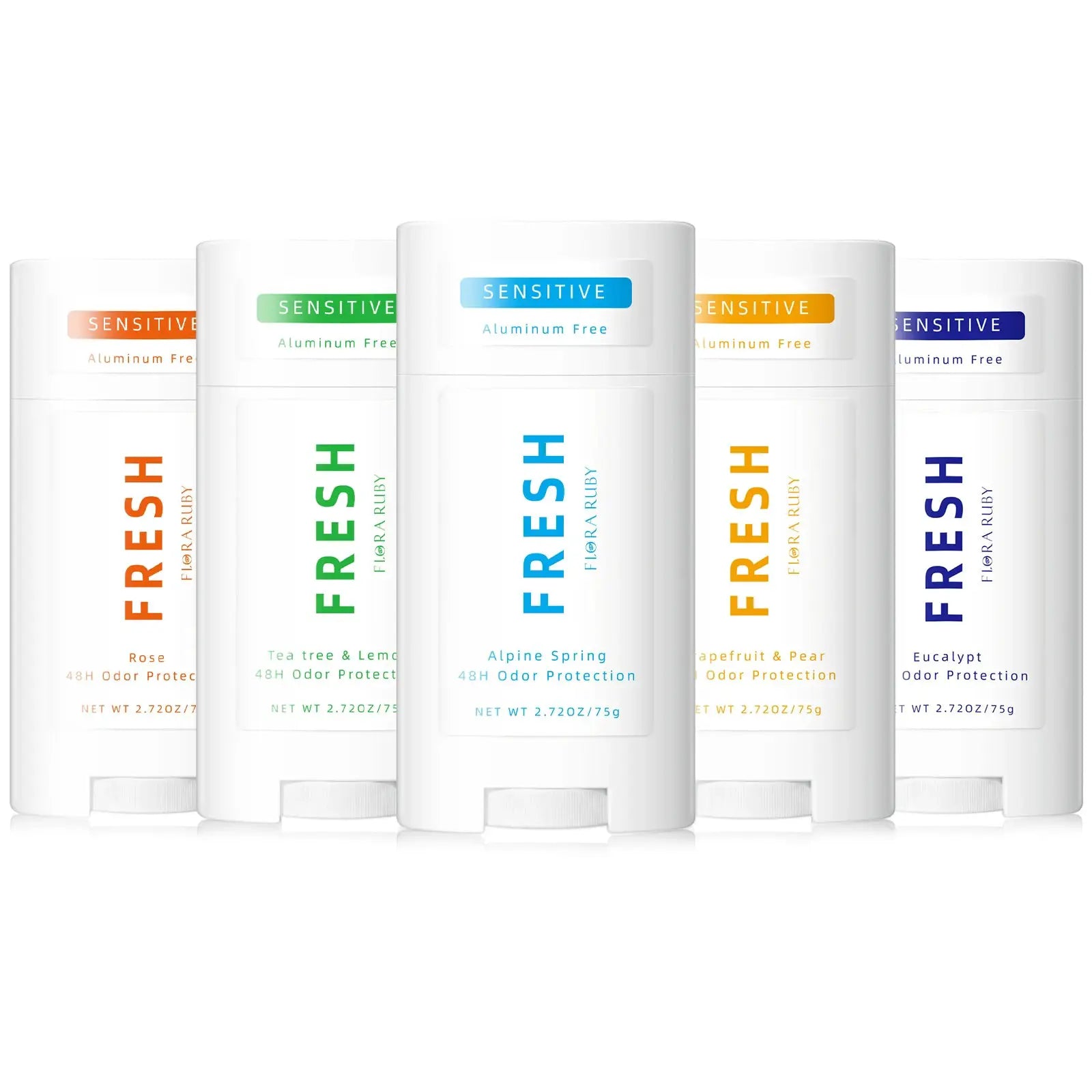 Five aluminum-free Sensitive deodorant sticks with coconut oil in assorted scents.