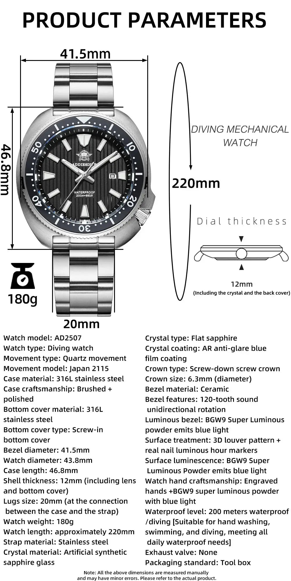 ADDIESDIVE Men's New Outdoor Quartz Watch 200M Diving BGW9 Super Blue Luminous Watch Sapphire Glass Men's Stainless Steel Watch