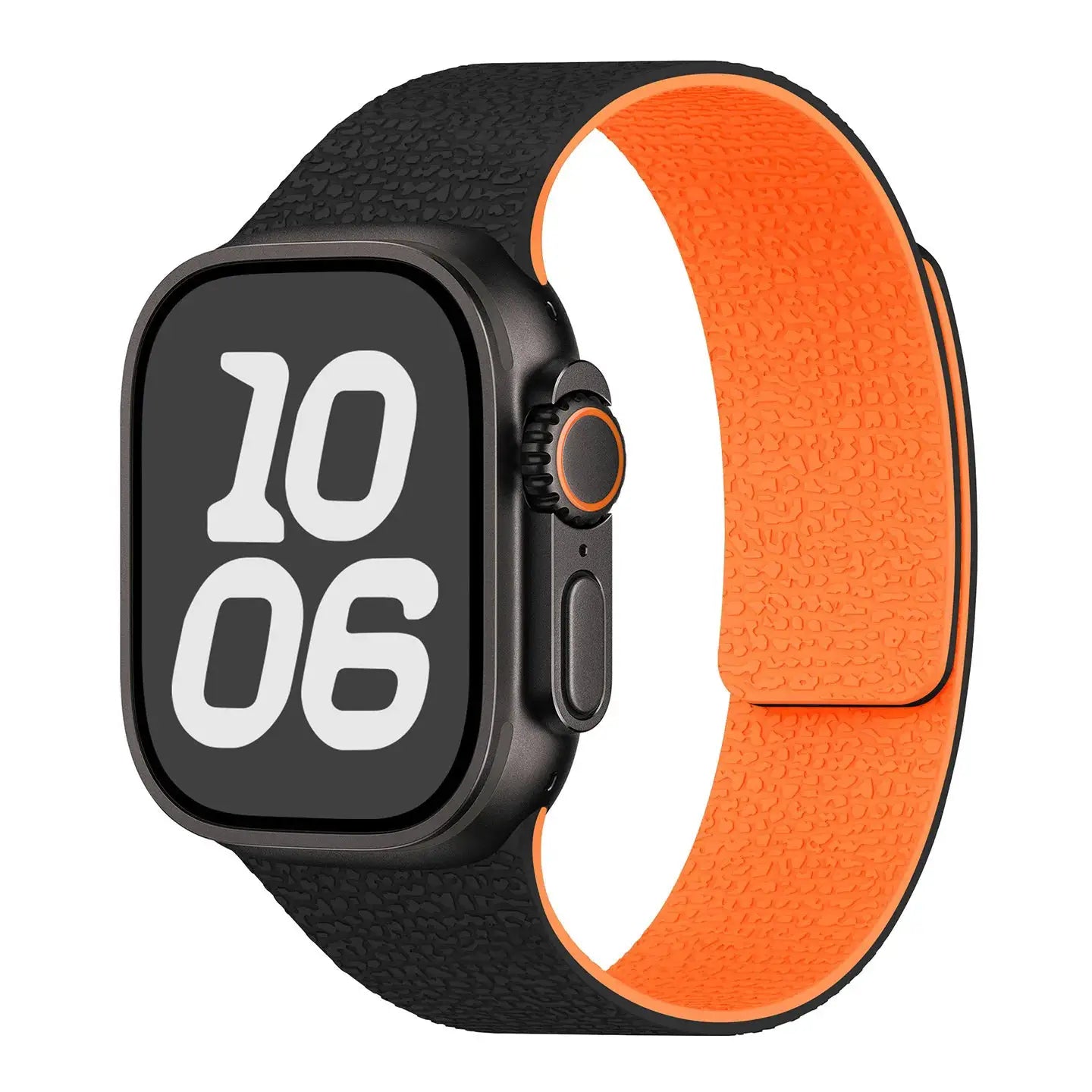 Silicone magnetic strap for Apple Watch, black exterior with orange interior, fits 40–49mm models