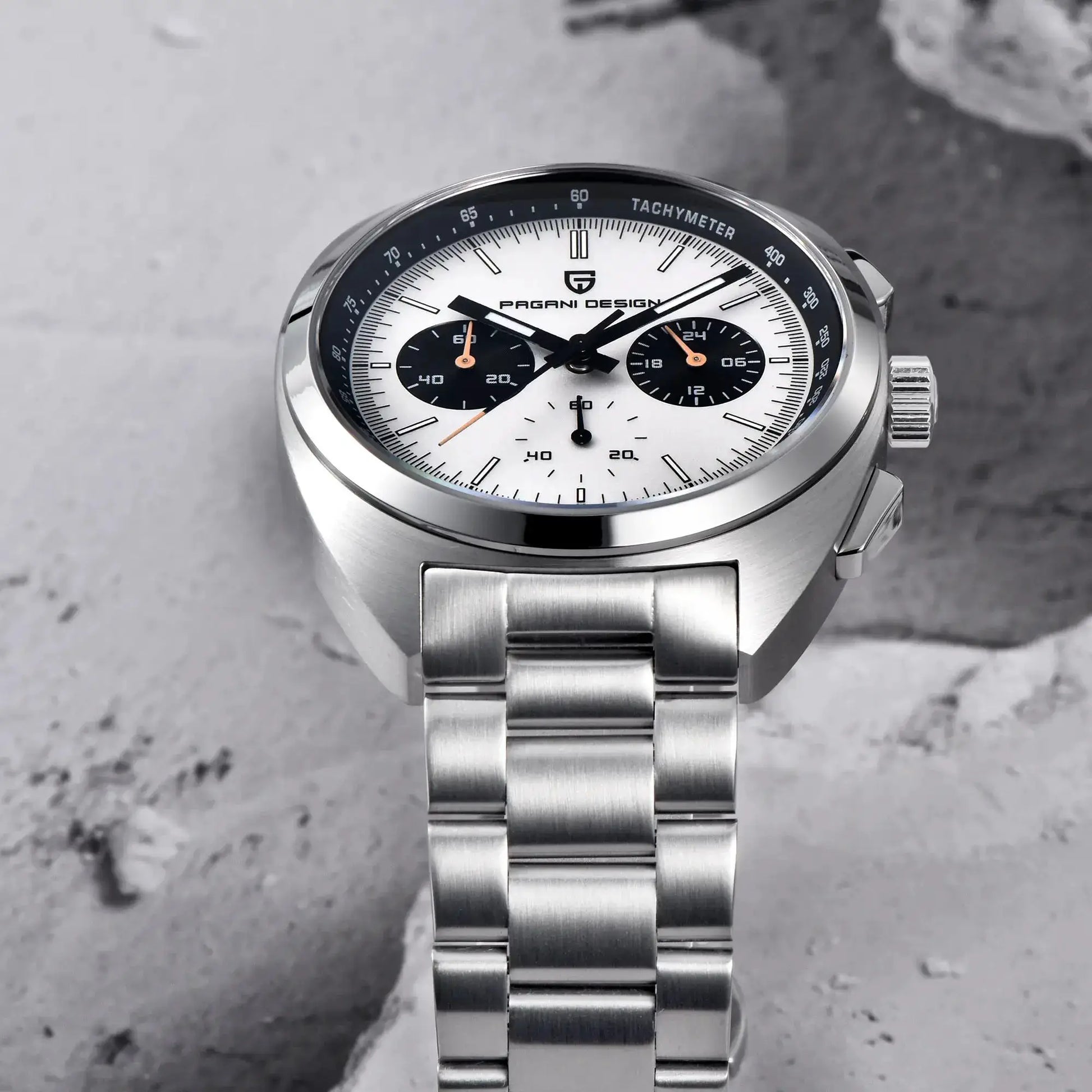 Pagani Design Panda Dial Men's Chronograph Watch with stainless steel band and sapphire glass