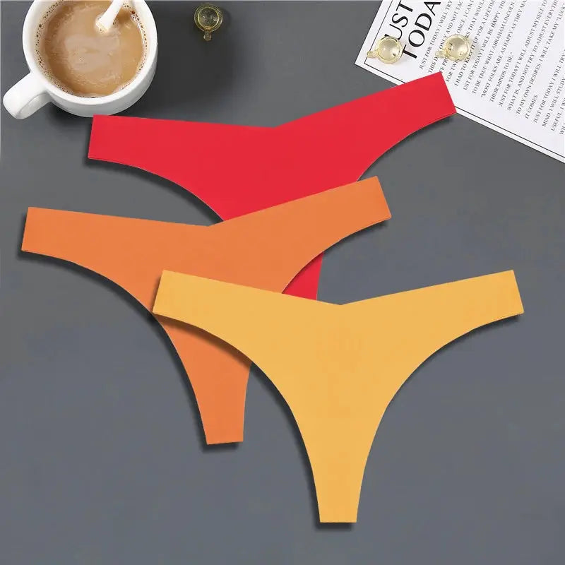 FINETOO women ice silk seamless thong panties 3-pack in red/orange/yellow with V-waist low rise breathable underwear set