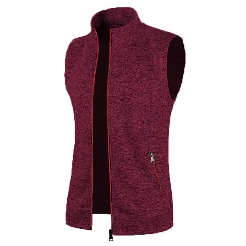 Men's burgundy zip-front sleeveless fleece vest with stand collar