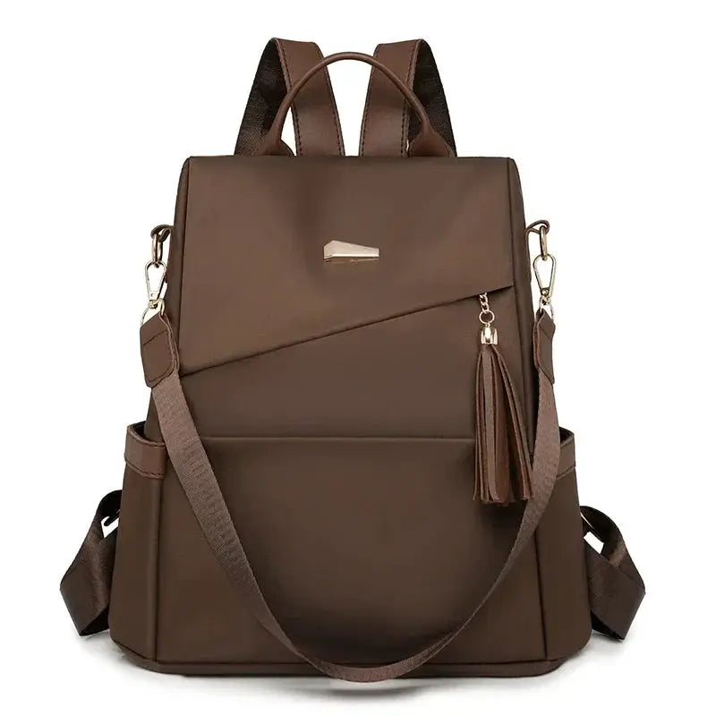 Backpack, brown nylon anti-theft with tassel zipper, Simples Market, large-capacity women's travel bag