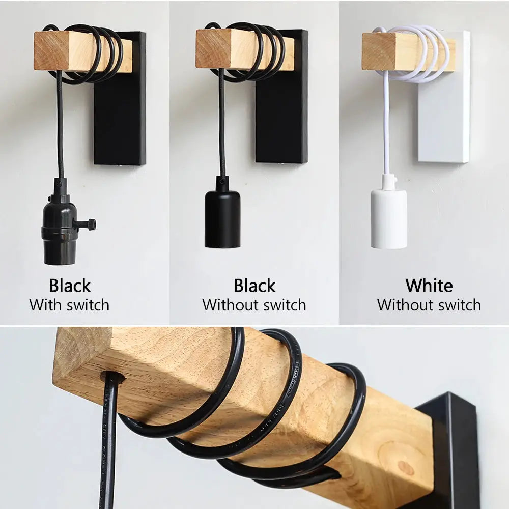 Simples Market 110V/220V iron wood wall lamp with switch; black with switch, black/white without switch (3 variants)