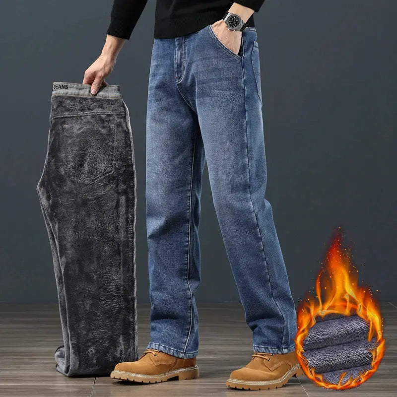 Winter Fleece Men Jeans Loose Straight Fit Warm Denim Pants 42 44