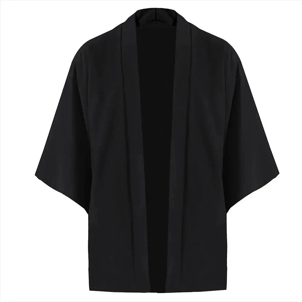 Men's black lightweight kimono cardigan with open front and 3/4 sleeves