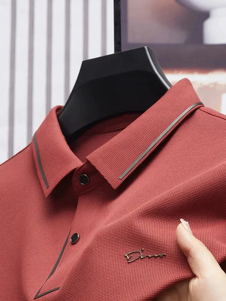 Men's polo shirt by Simples Market in red with gray piping on collar and placket, small chest logo