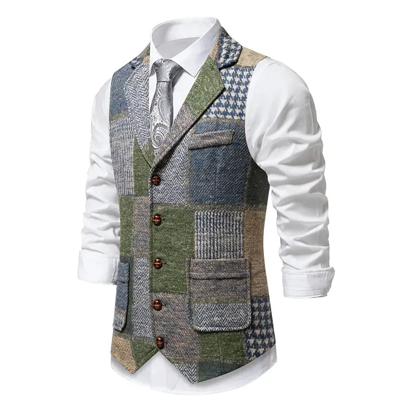 Simples Market men's patchwork tweed waistcoat in green plaid with herringbone panels.