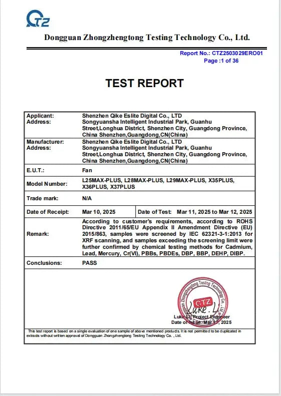 JKUOO Portable Neck Fan test report page; CTZ lab seal visible.