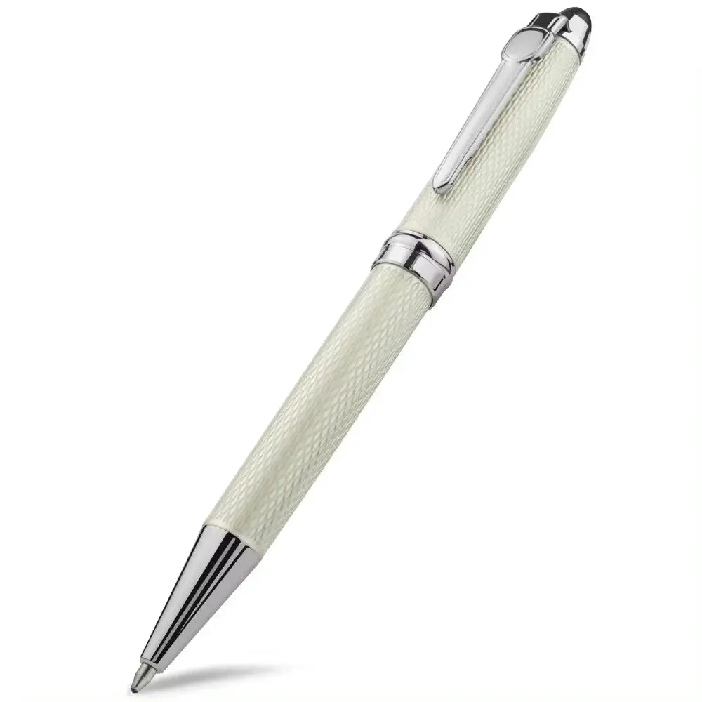 Ballpoint pen with ivory textured housing and chrome accents; smooth writing
