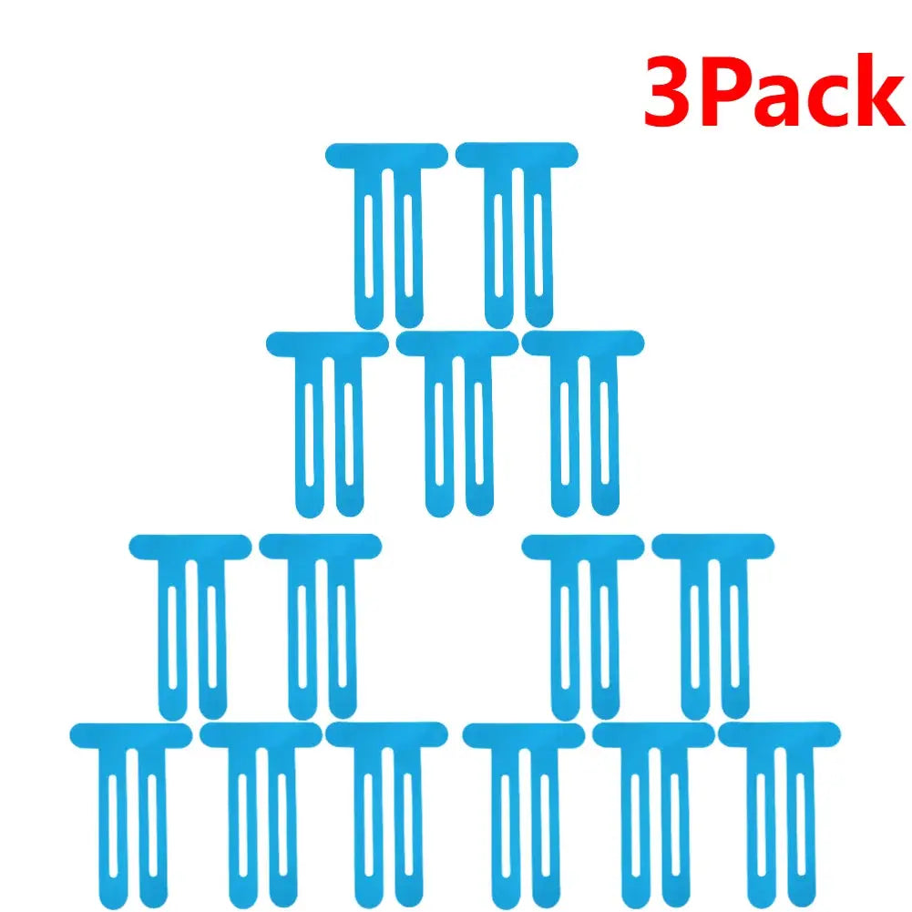 Blue precut kinesiology tape patches, 15 pieces arranged in pyramid, 3Pack label visible