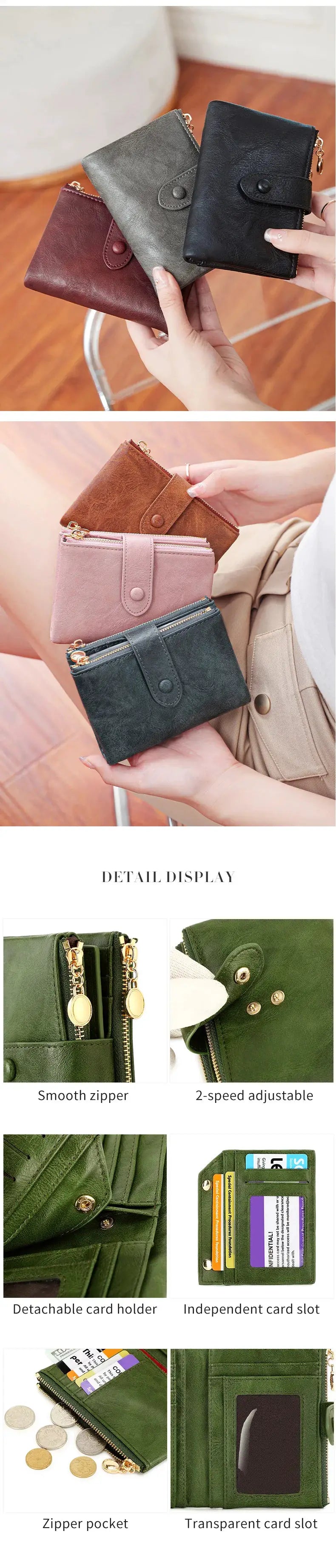 Minimalist women's wallet with three-layer design, large capacity, and double zipper; features multiple card slots.