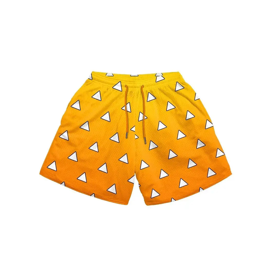 Anime Hajime no Ippo shorts, orange quick-dry gym shorts with white triangle pattern and drawstring — Simples Market