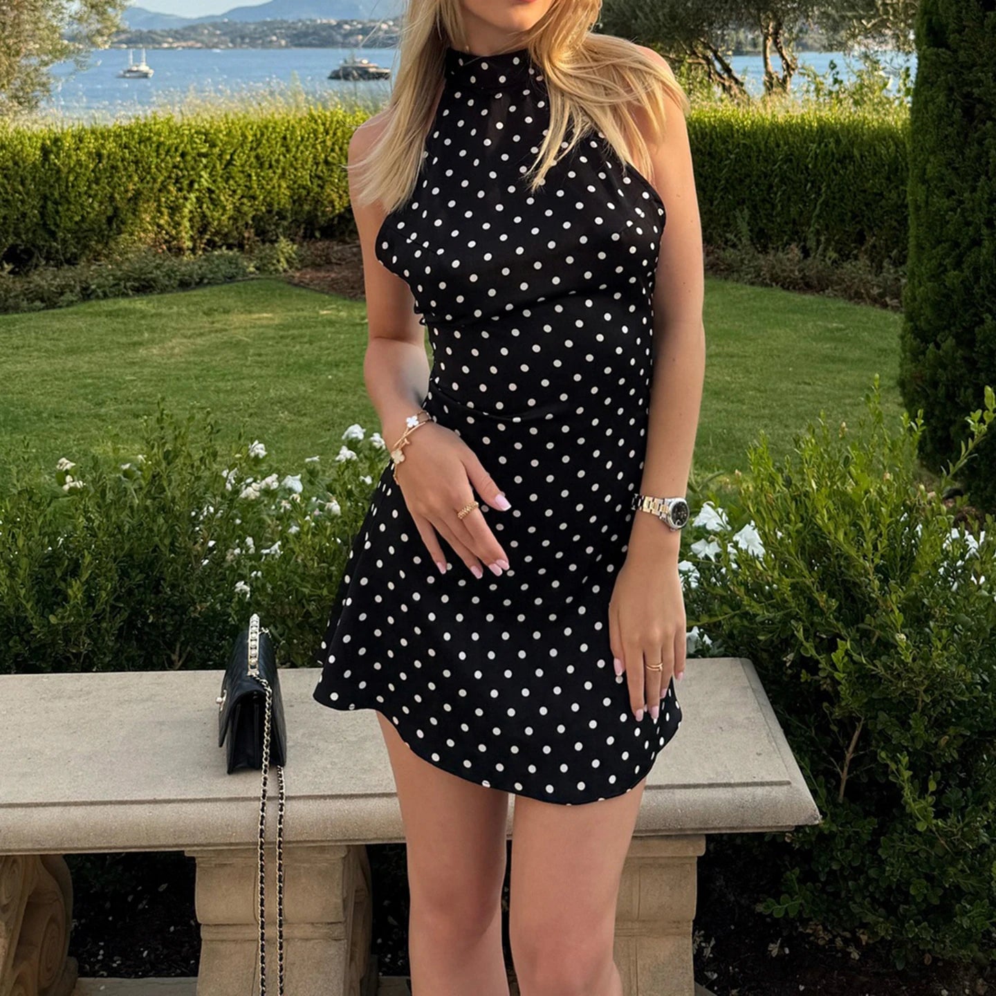 Suchcute Sexy Polka Dot Print Halter Dress For Women Party Backless