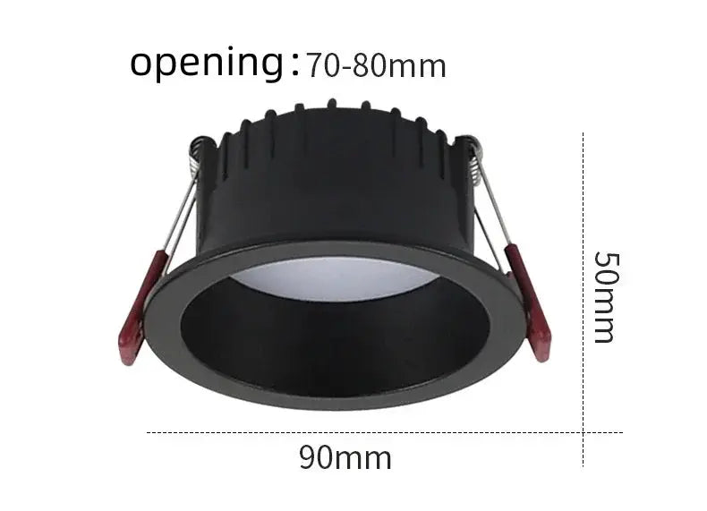 Simples Market round anti-glare LED recessed downlight, 7W/10W, black with gray bezel, 70–80mm opening.