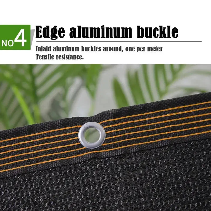Simples Market black shade cloth with grommets; close-up shows orange edge stitching and metal grommet.
