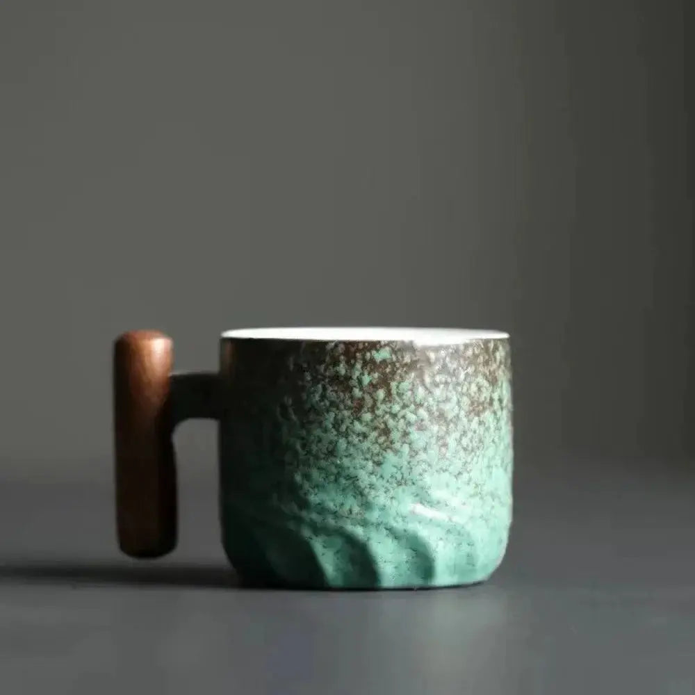 ArtisanCraft 80ml Ceramic Retro Coffee Cup With Wooden Handle Handmade Tea Mug Gift For Home