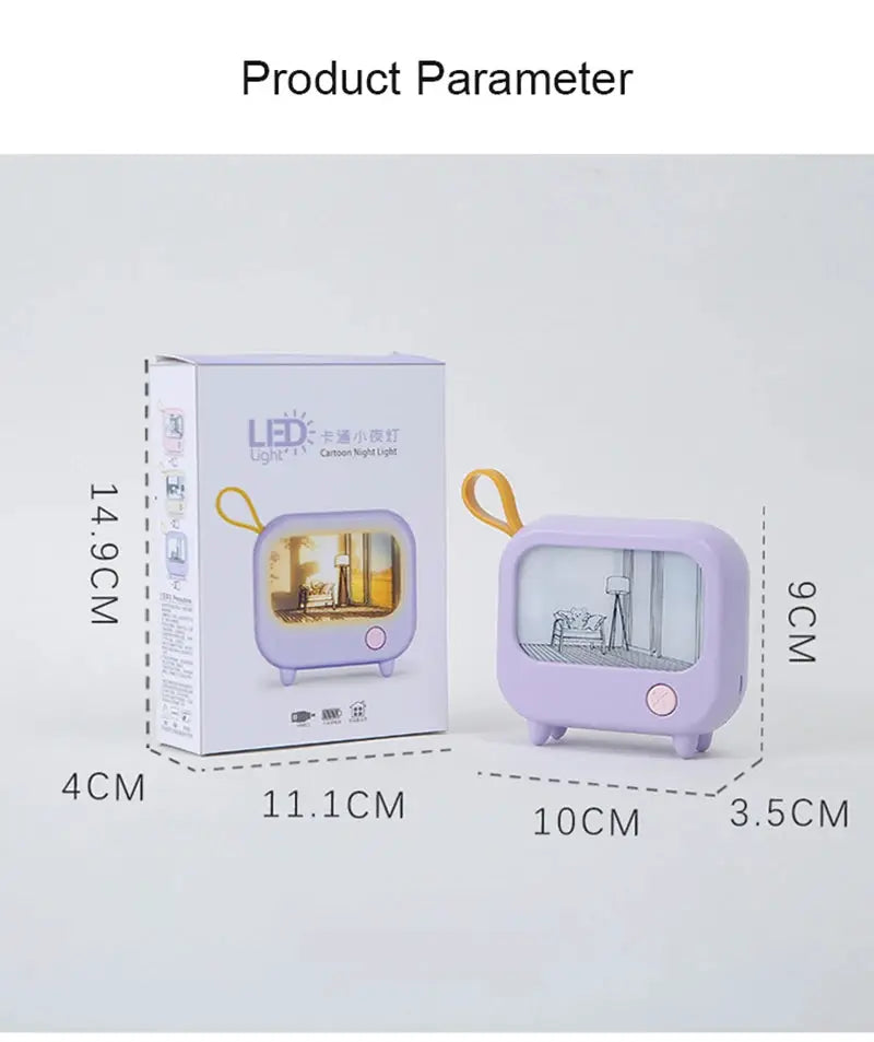 TV-shaped LED night light in lavender purple; mini desktop lamp with loop strap, shown with its box