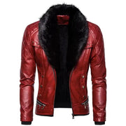 Red PU leather motorcycle jacket for men by Simples Market with black fur collar, quilted shoulders.