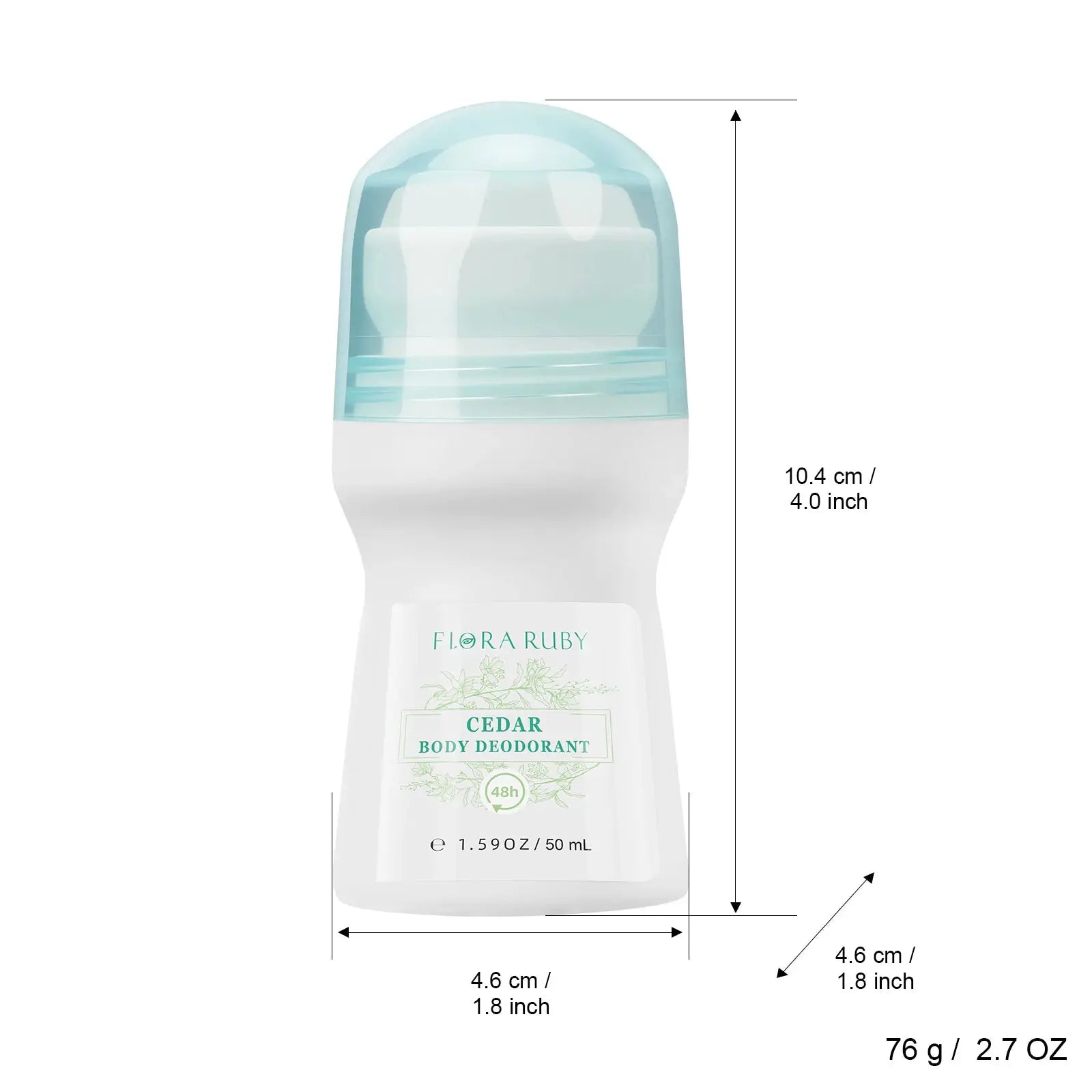 Flora Ruby Cedar Body Deodorant roll-on by Simples Market; light green cap, aluminum-free, 50 mL.