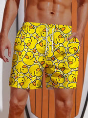 Men's yellow duck-print swim shorts with a white drawstring waist
