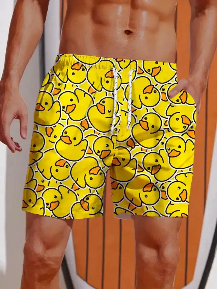 Men's yellow duck-print swim shorts with a white drawstring waist
