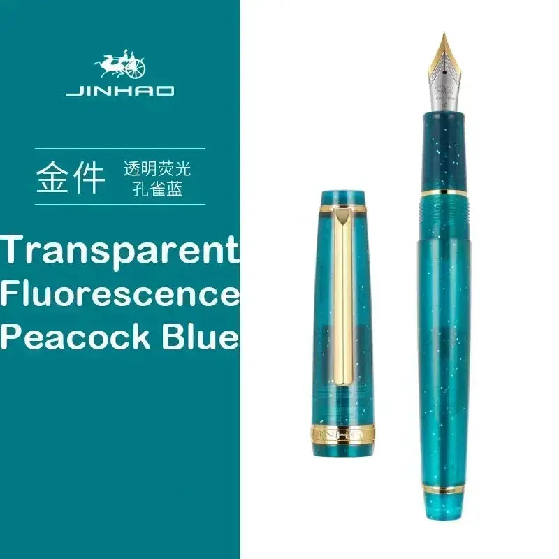 Jinhao 82 fountain pen in turquoise peacock blue with gold trim; cap and pen shown as a 2-piece set.