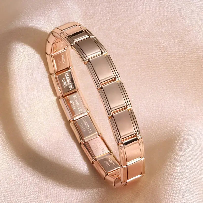 Bracelets by Simples Market FTCY, stainless steel, 9mm elastic modular design in rose gold and silver (2-piece set)