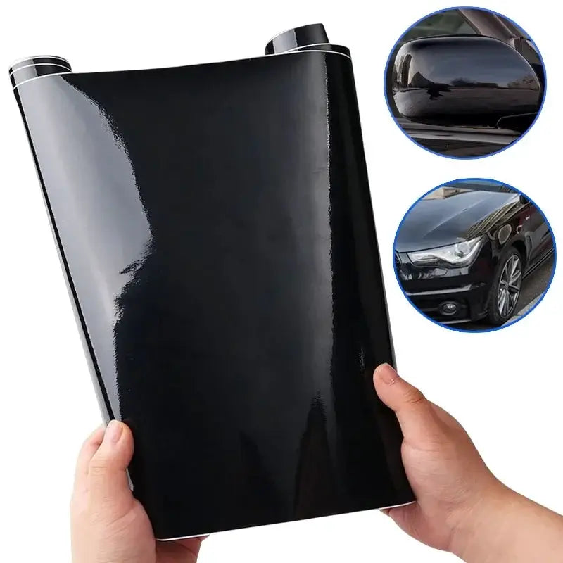 Gloss black car vinyl wrap sheet, glossy self-adhesive film, 150x50cm, held in hands, car and motorcycle insets